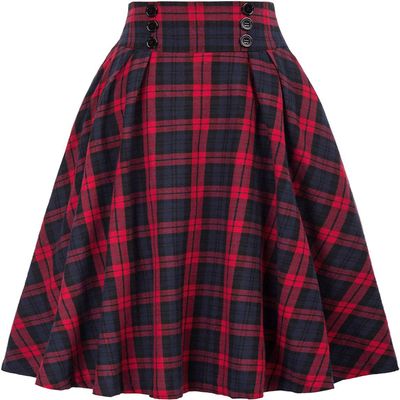 Womens Plaid Midi Skirt Vintage High Waist A Line Pleated Skirt with Pocket (US, Alpha, Medium, Regular, Regular, Red)