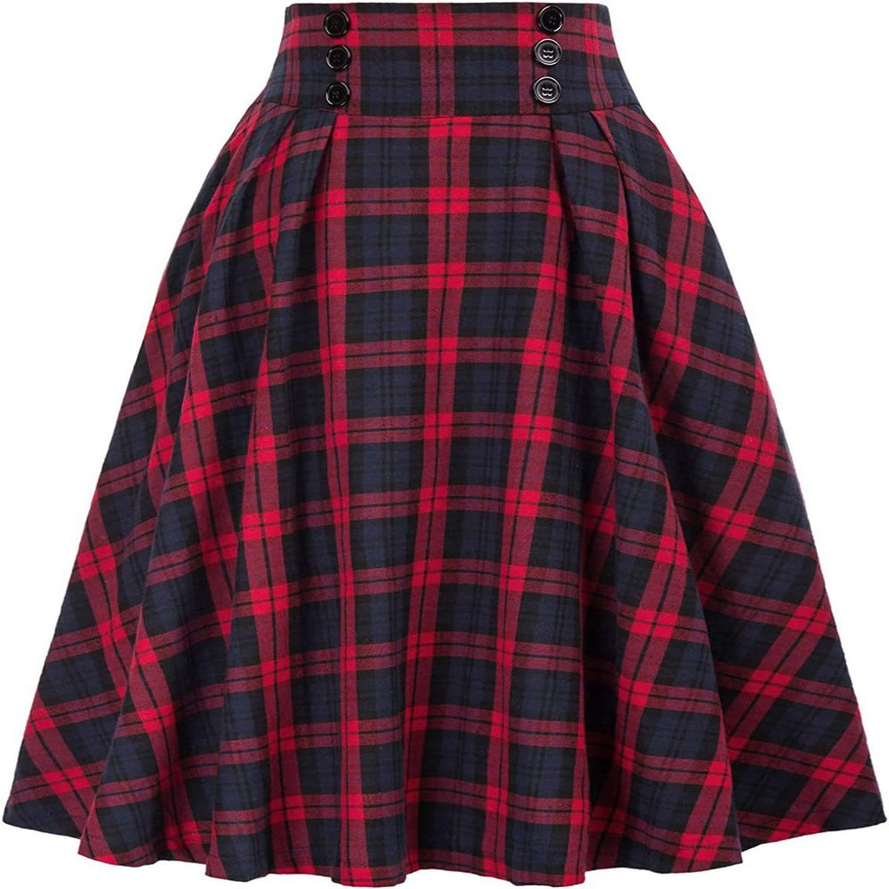 Womens Plaid Midi Skirt Vintage High Waist A Line Pleated Skirt with Pocket (US, Alpha, Medium, Regular, Regular, Red)