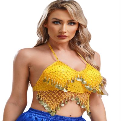 Zaldita Women's Sequin Mesh Plastic Beads Belly Dance Bra Top Tassel Tops for Stage Performance Yellow One Size