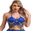 QinCiao Women's Tassel Belly Dance Bras Sequin Mesh Plastic Beads Performance Crop Top Costumes Royal Blue One Size view 2