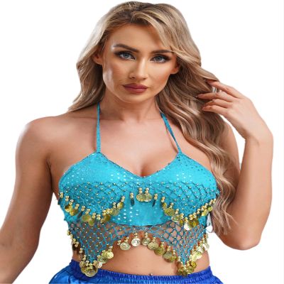 QinCiao Women's Tassel Belly Dance Bras Sequin Mesh Plastic Beads Performance Crop Top Costumes Light Blue One Size