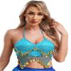 QinCiao Women's Tassel Belly Dance Bras Sequin Mesh Plastic Beads Performance Crop Top Costumes Light Blue One Size view 1