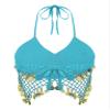 QinCiao Women's Tassel Belly Dance Bras Sequin Mesh Plastic Beads Performance Crop Top Costumes Light Blue One Size view 4