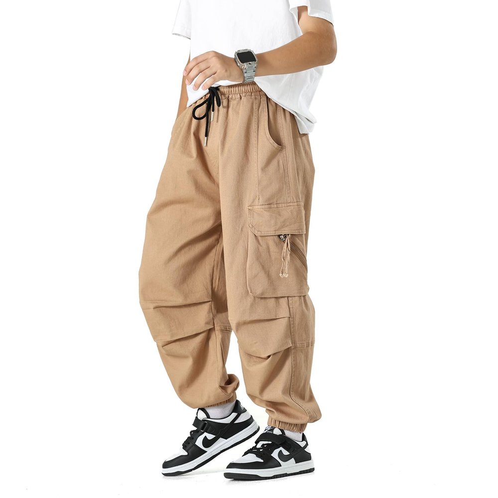 MINI PANDA Boys' Jogger Pants, Kids' Stretch Twill Casual Cargo Pants Beige
