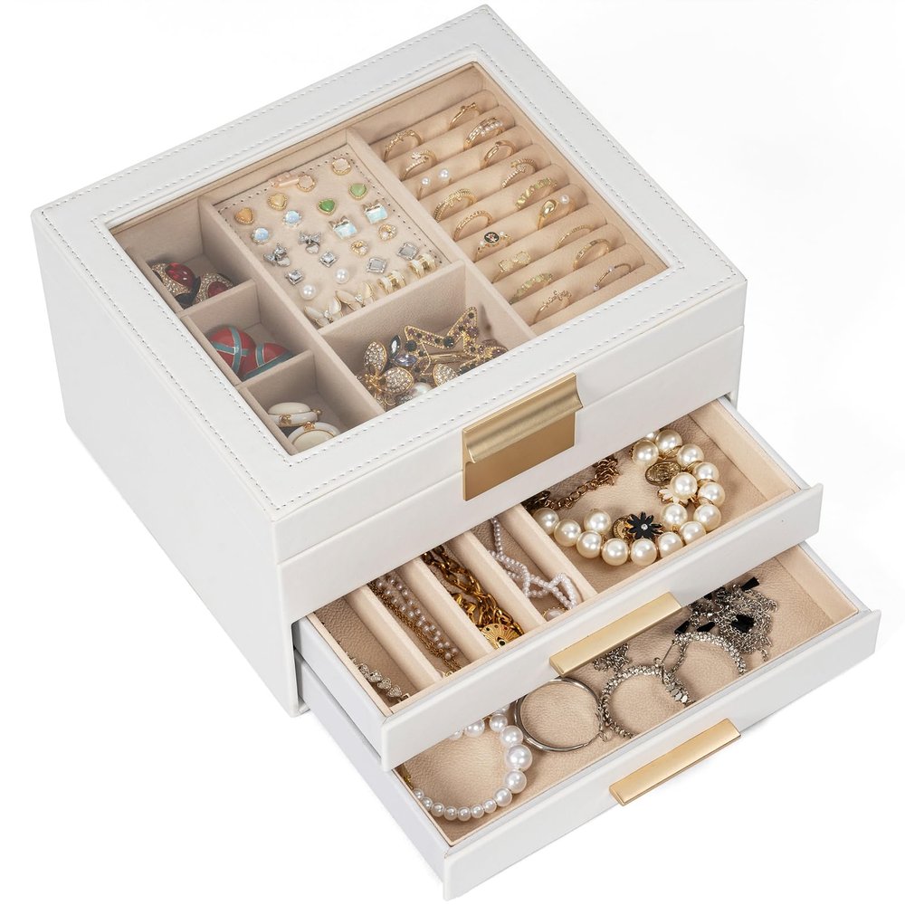 AKOZLIN 3-Tier Jewelry Box with Clear Glass Lid Functional Leather Jewelry Storage Organizer Case 2 Drawers for Women Girls Necklace Ring Bracelet Earring White