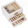 AKOZLIN 3-Tier Jewelry Box with Clear Glass Lid Functional Leather Jewelry Storage Organizer Case 2 Drawers for Women Girls Necklace Ring Bracelet Earring White view 1