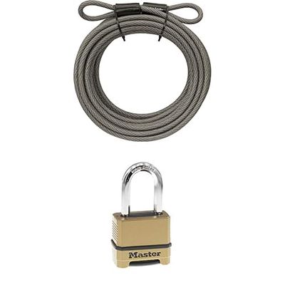 Bundle of Master Lock Steel Bike Lock Cable, 30 ft. L x 3/8 in. D. Vinyl Coated Cable with Looped Ends, 70DCC,Gray + Combination Lock, Heavy Duty Weatherproof, Resettable Brass Finish, M175XDLF,1 Pack