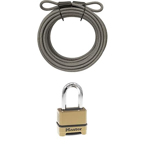 Bundle of Master Lock Steel Bike Lock Cable, 30 ft. L x 3/8 in. D. Vinyl Coated Cable with Looped Ends, 70DCC,Gray + Combination Lock, Heavy Duty Weatherproof, Resettable Brass Finish, M175XDLF,1 Pack