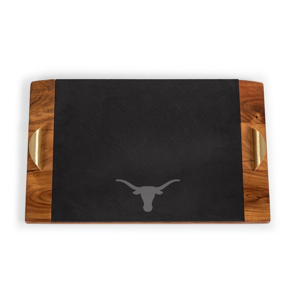 PICNIC TIME NCAA Texas Longhorns Covina Acacia and Slate Serving Tray, Charcuterie Board Set, (Acacia Wood & Slate Black with Gold Accents)