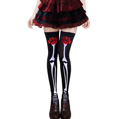 DONCIDAY Rose Skeleton Knee High Socks  Black Day of The Dead Over Knee Leggings Halloween Stockings (US, Alpha, Large, Plus, Regular, Rose-M)