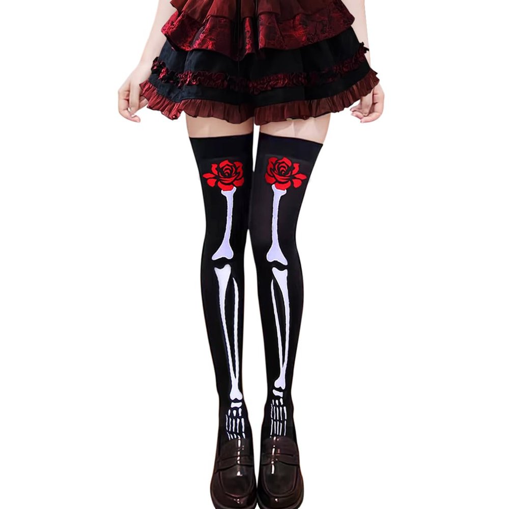DONCIDAY Rose Skeleton Knee High Socks Black Day of The Dead Over Knee Leggings Halloween Stockings (US, Alpha, Large, Plus, Regular, Rose-M)