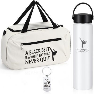Layhit 3 Pcs Valentines Karate Gifts for Boys Taekwondo Karate Bag Martial Arts Duffel Bag 24 oz Stainless Steel Water Bottle Keychain for Kids Adults Taekwondo Lover Gifts(White)