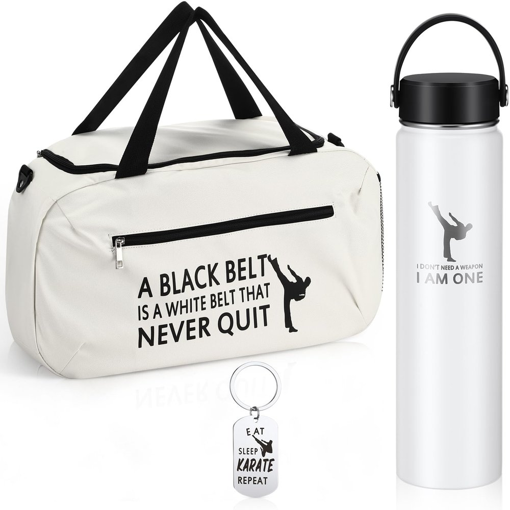 Layhit 3 Pcs Valentines Karate Gifts for Boys Taekwondo Karate Bag Martial Arts Duffel Bag 24 oz Stainless Steel Water Bottle Keychain for Kids Adults Taekwondo Lover Gifts(White)