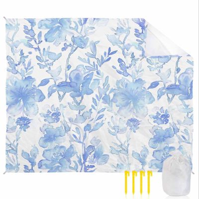 Beach Blanket Waterproof Sandproof Beach Mat,Blue Gradient Abstract Floral Picnic Blankets with Sand Pockets and Stakes,Plant Leaves Seamless on White Outdoor Pad for Seaside,Travel,Camping,Hiking