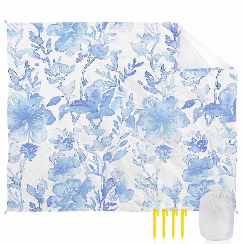 Beach Blanket Waterproof Sandproof Beach Mat,Blue Gradient Abstract Floral Picnic Blankets with Sand Pockets and Stakes,Plant Leaves Seamless on White Outdoor Pad for Seaside,Travel,Camping,Hiking