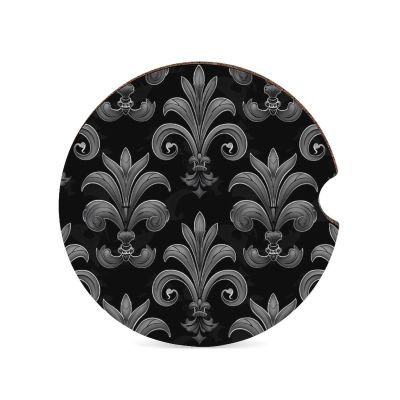 Black Grey Fleur De Lis Flowers Car Coasters for Cup Holders Cork Base Drink Coasters Auto Assecories 1PCS