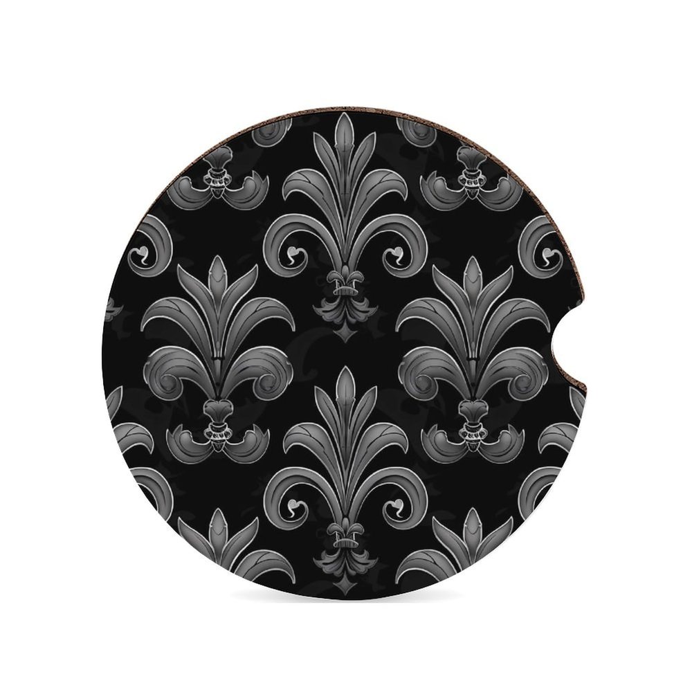 Black Grey Fleur De Lis Flowers Car Coasters for Cup Holders Cork Base Drink Coasters Auto Assecories 1PCS