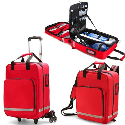 HEYUNDUO First Aid Kit Bag Rolling Medical Supplies Bag with Detachable Trolley, Nurse Rolling Bag Emergency Rescue Kit for Outdoor Hiking, Backpacking, Camping, Traveling(Red)