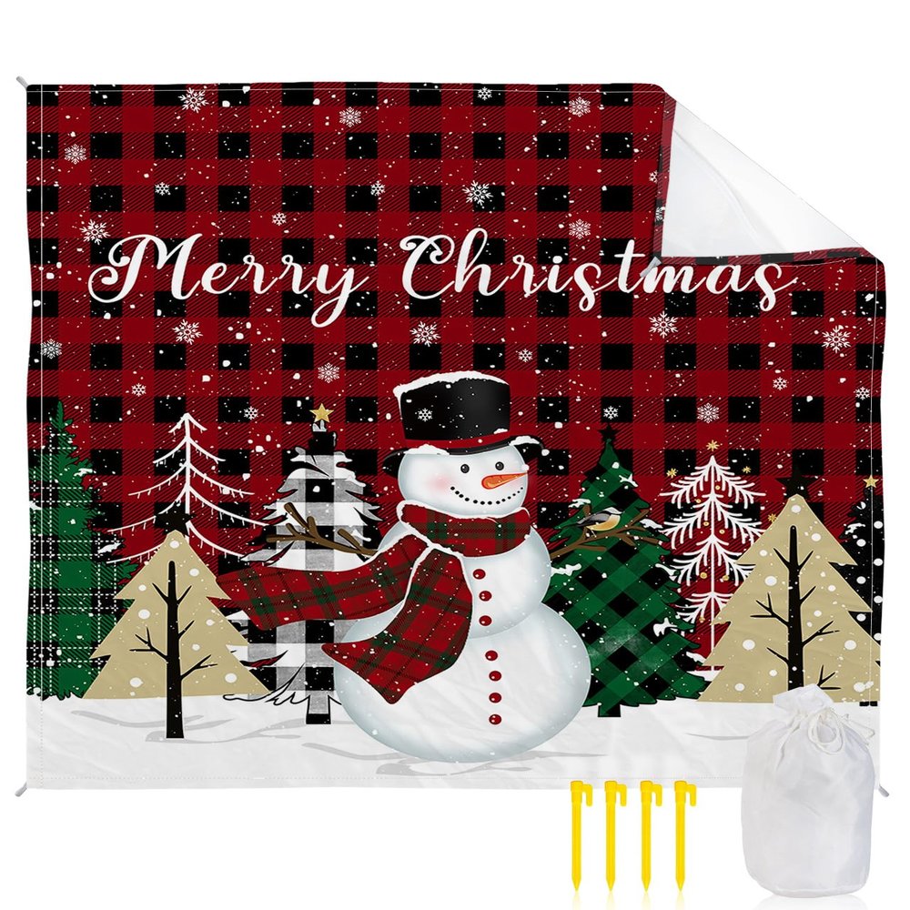 Beach Blanket Waterproof Sandproof Beach Mat,Christmas Snowman Red Black Buffalo Plaid Picnic Blankets with Sand Pockets and Stakes,Xmas Tree Snowflakes Seamless Outdoor Pad for Seaside,Travel
