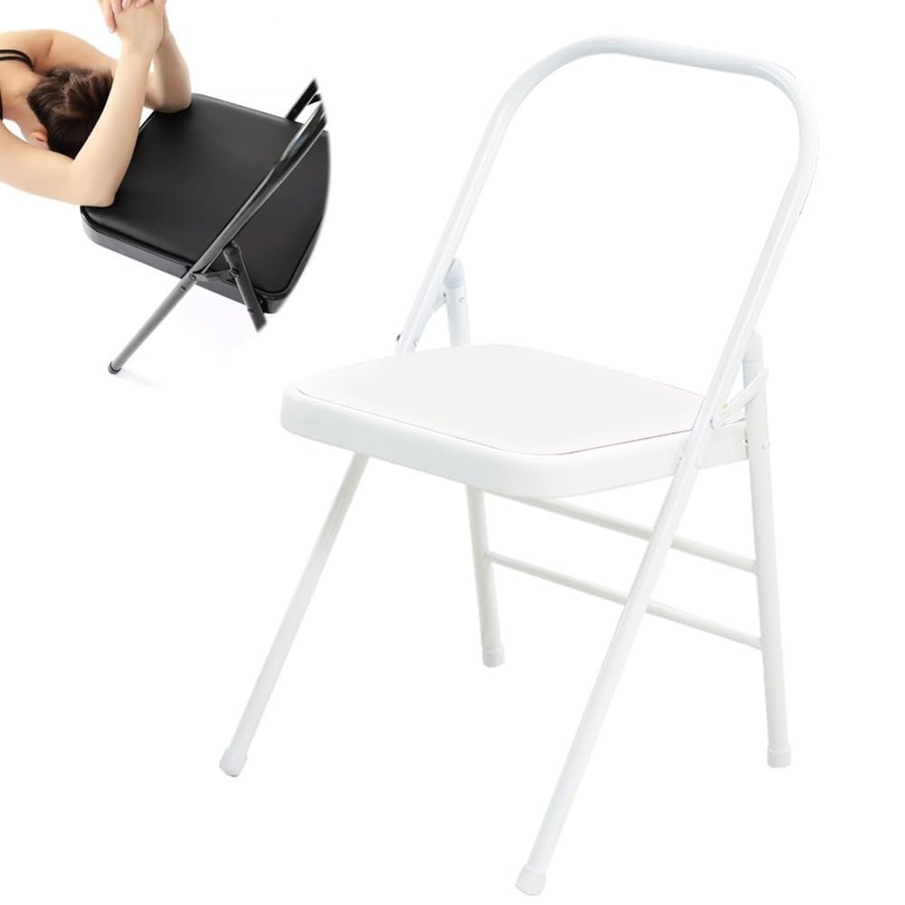BERWDUXA Yoga Chair Foldable Flexibility Strength Yoga Chair, Yoga Auxiliary Chair for Balance Training, Portable Backless Yoga Chair, White/Black/Brown, No Noise(White)