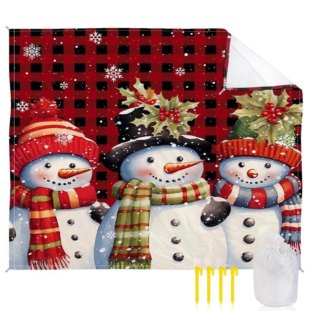 Beach Blanket Waterproof Sandproof Beach Mat,Christmas Snowman Red Black Buffalo Plaid Picnic Blankets with Sand Pockets and Stakes,Winter Snowflake Berries Outdoor Pad for Seaside,Travel,Camping