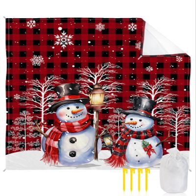 Beach Blanket Waterproof Sandproof Beach Mat,Christmas Snowman Snowflakes Branches Picnic Blankets with Sand Pockets and Stakes,Red Black Buffalo Plaid Outdoor Pad for Seaside,Travel,Camping,Hiking