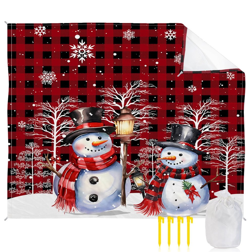 Beach Blanket Waterproof Sandproof Beach Mat,Christmas Snowman Snowflakes Branches Picnic Blankets with Sand Pockets and Stakes,Red Black Buffalo Plaid Outdoor Pad for Seaside,Travel,Camping,Hiking