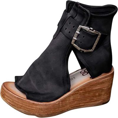 YEGBFLFF High Top Platform Sandals for Women Vintage Casual Fish Mouth Open Toe Buckle Hollow Chunky Wedge Booties Comfy Wedge Heel Roman Sandals (Black,10)