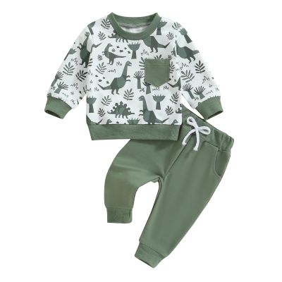 MA&BABY Toddler Boys Clothes Dinosaur Print 6 12 18 24 Months 3T 4T Outfits Long Sleeve Pullover Jogger Pant 2PC Sets (Green, 18-24 Months)
