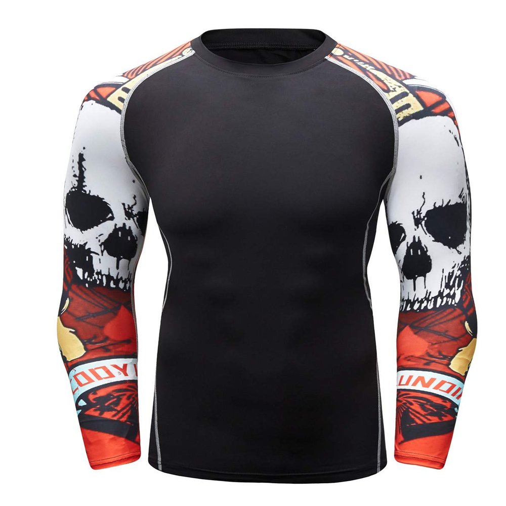 F.Q Yuqee Men's Soft Fit Long Sleeve Workout Rashguard Cool Dry Compression Fitness Shirt Red Skull M