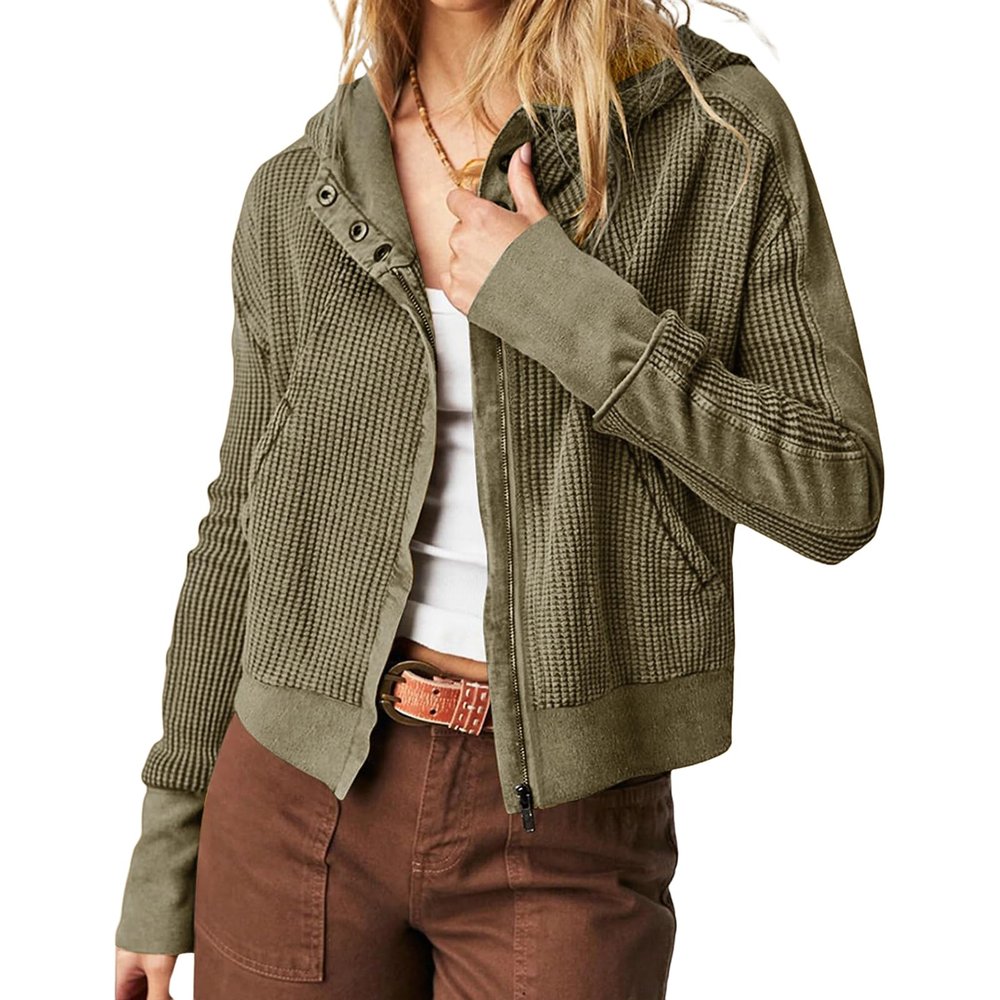 QXQYGRZ Womens Waffle Hooded Jacket Lightweight Fall Winter Coat Long Sleeve Full Zip Up Hoodies Loose Causal Shacket