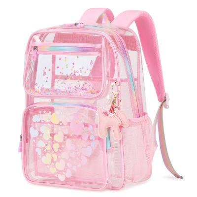 Lovely Clear Backpack for School Girls, Heavy Duty TPU Transparent Backpack Stadium Events Approved, Clear Bookbag, Pink