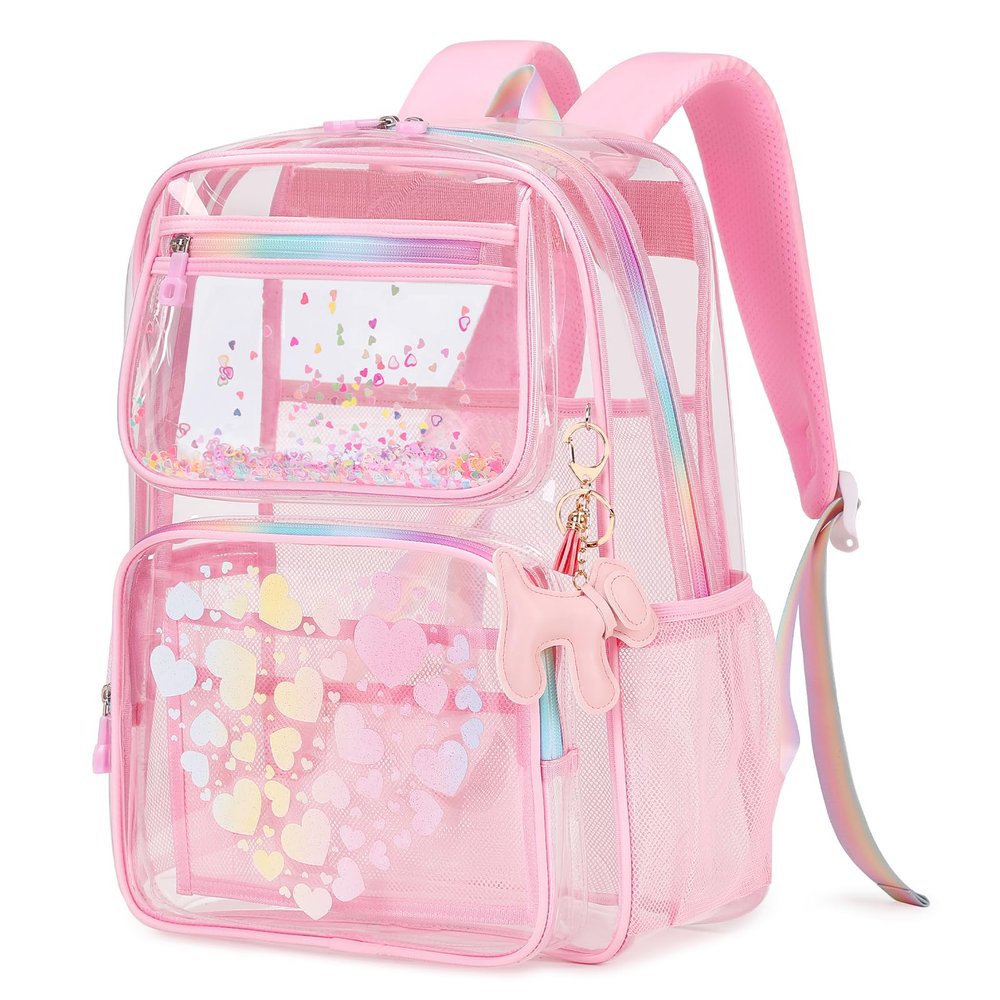 Lovely Clear Backpack for School Girls, Heavy Duty TPU Transparent Backpack Stadium Events Approved, Clear Bookbag, Pink
