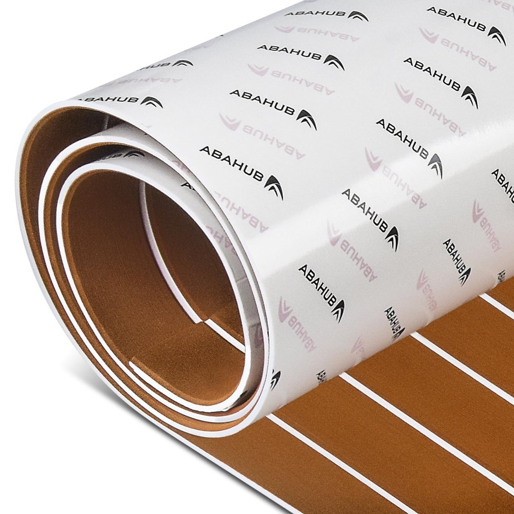 Abahub EVA Foam Boat Decking 96''x16.8'' Self-Adhesive Faux Teak Marine Flooring Sheet Traction Pad for Boats Surfboard, Brown with White Seam Lines