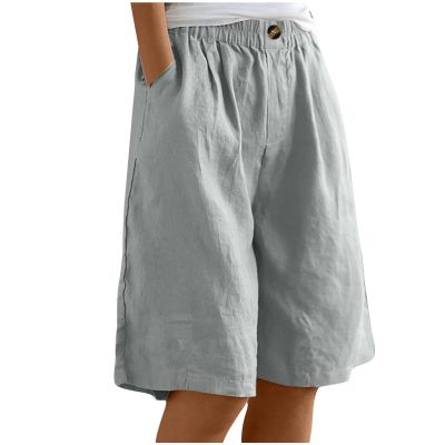 bawilom Cotton Linen Shorts for Women Loose Fit Knee Length Bermuda Shorts Casual Wide Leg Elastic Waist Workout Short+s Gray