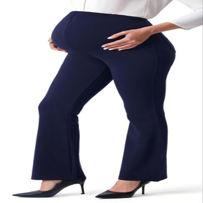 AFITNE Womens Maternity Pants for Work Over The Belly with Pockets Soft Comfy Bootcut Flare Pregnancy Dress Pants Bell Bottom Casual Stretchy Lounge Bootleg Office Slacks Navy Blue 31" L