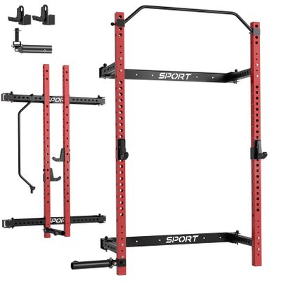 GarveeLife Folding Squat Rack for Home Gym, 2.36 in x 2.36 in Folding Power Rack with Pull Up Bar, J Hooks and Landmine Attachments, 1000 LBS Capacity Wall Mounted Squat Rack, Space Saving Weight Cage