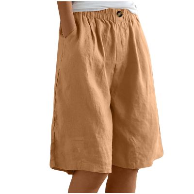 bawilom Cotton Linen Shorts for Women Loose Fit Knee Length Bermuda Shorts Casual Wide Leg Elastic Waist Workout Short+s Yellow