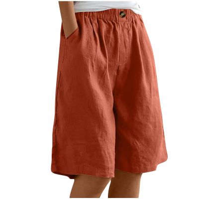 bawilom Cotton Linen Shorts for Women Loose Fit Knee Length Bermuda Shorts Casual Wide Leg Elastic Waist Workout Short+s Orange