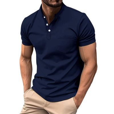 Collarless Golf Shirts for Men Slim Fit Short Sleeve Muscle T Shirt Business Casual Work Polo Shirts with Pockets Navy