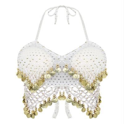 YiZYiF Womens Glitter Sequins Tassel Latin Belly Dance Top Halter Bra Top Dance Costume Dancewear White One Size