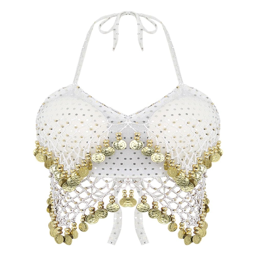 YiZYiF Womens Glitter Sequins Tassel Latin Belly Dance Top Halter Bra Top Dance Costume Dancewear White One Size