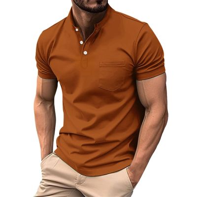 Collarless Golf Shirts for Men Slim Fit Short Sleeve Muscle T Shirt Business Casual Work Polo Shirts with Pockets Orange