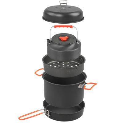 ACAGALA Camping Cookware Mess Kit Aluminum Alloy Pot Pan Steaming Tray and Water Kettle with Pot Cover