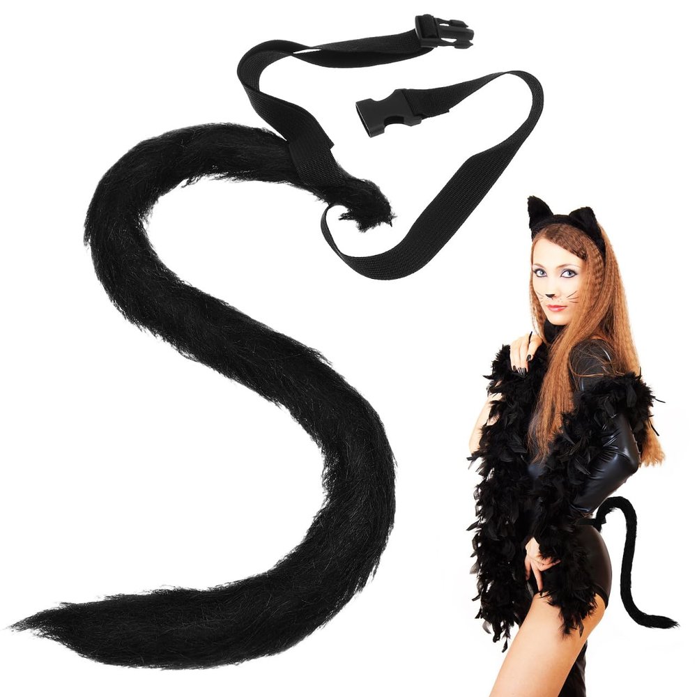 Fomiyes Halloween Cat Tail Fur Long Tails Neko Costume Prop Plush Cat Set for Halloween Party Fancy Dress up Accessories (Black