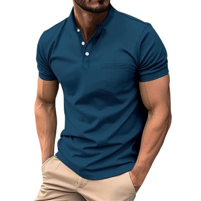 Collarless Golf Shirts for Men Slim Fit Short Sleeve Muscle T Shirt Business Casual Work Polo Shirts with Pockets Blue