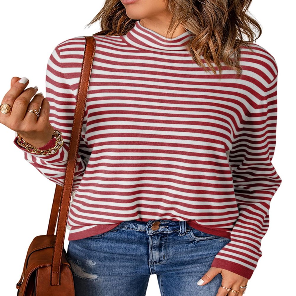 Dokotoo Fashion Womens Sweaters for Women 2026 Long Sleeve Tops Sweaters for Women Red Striped Pullover Sweaters Casual Ladies Fall Turtleneck Sweater Jumpers Tops Large