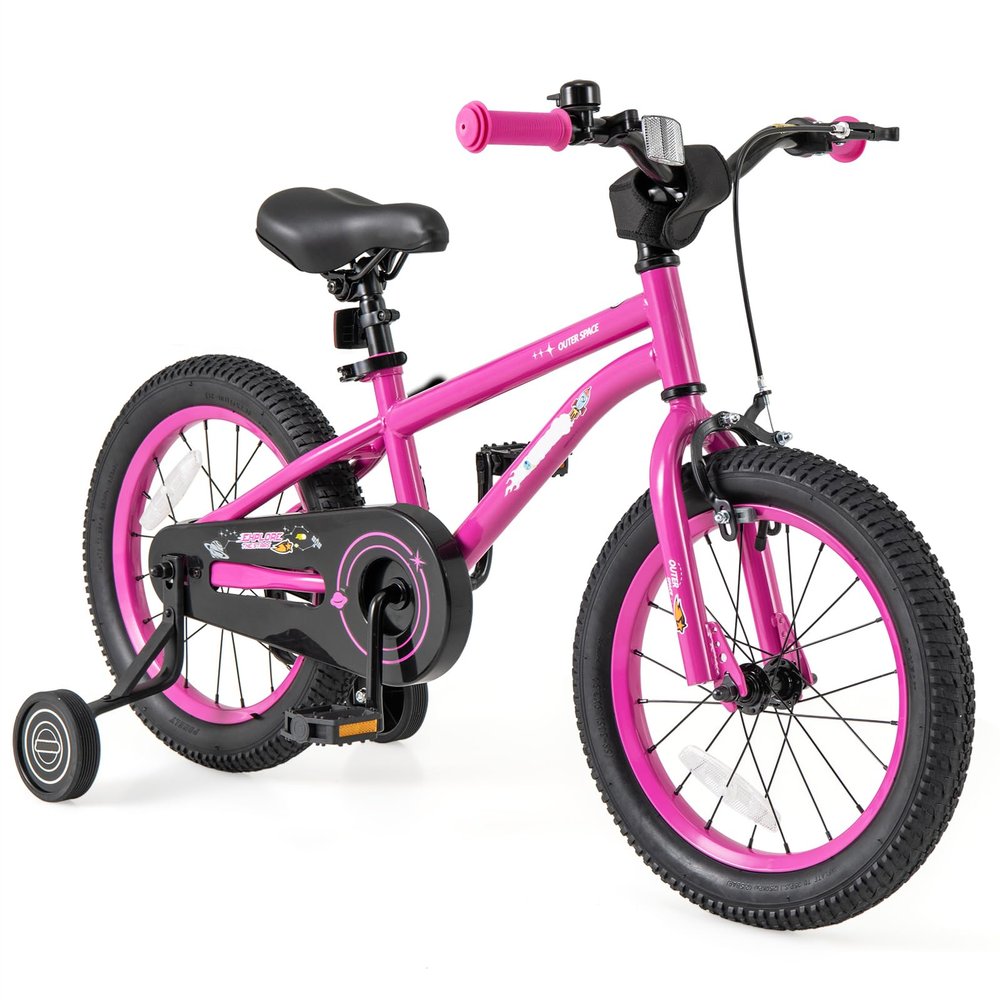 BABY JOY Kids Bike, 16 Inch Sport Bicycle for 4-7 Years Old w/Adjustable Saddle, Fully Enclosed Chain Guard, Training Wheels, Reflectors, Handbrake & Coaster Brake, Girls Boys Bike (Outer Space, Pink)