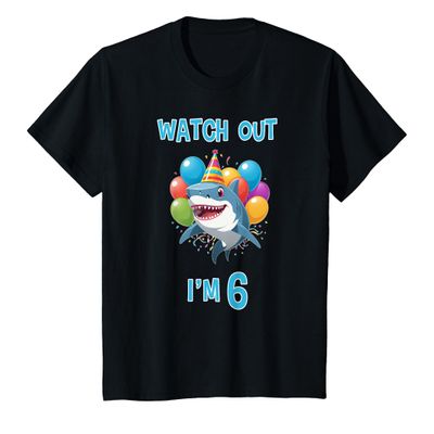6th Birthday Shirt Funny Shark Watch Out I'm 6 Years Old T-Shirt