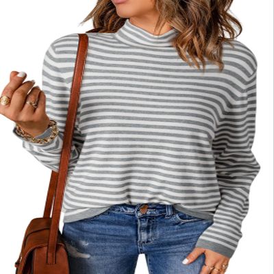 Dokotoo Womens Plus Size Sweaters Casual 2026 Fall Pullover Sweater Fashion Long Sleeve Tops Sweaters Turtleneck Gray Striped Knit Jumpers Tops Sweaters X-Large